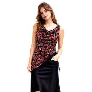 Lola P. Top Size S Floral Asymmetric Black Red Draped Y2K Fairy Grunge Coquette